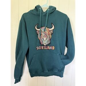 Travel Outfitters Scotland Highland Cow Embroidered Hoodie Teal Green Small